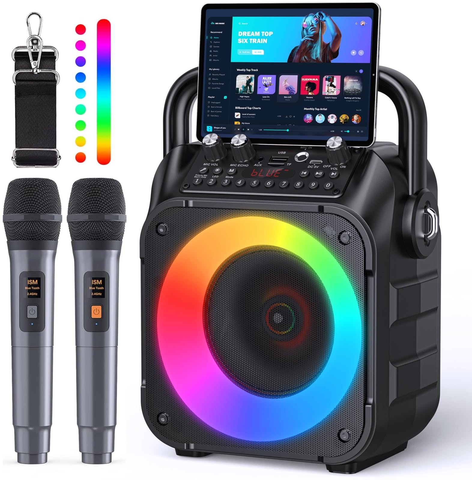 CYY Karaoke Machine, Portable Bluetooth Speaker with 2 Wireless Microphones Immersive Sound, 5 Light Modes, PA System, TWS USB TF AUX FM, for Adults and Kids, Home Party, Outdoor, Home System Packages