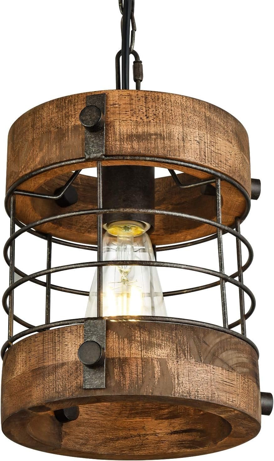 Wochos Metal and Wood Cage Pendant Light – Brown – Open Box