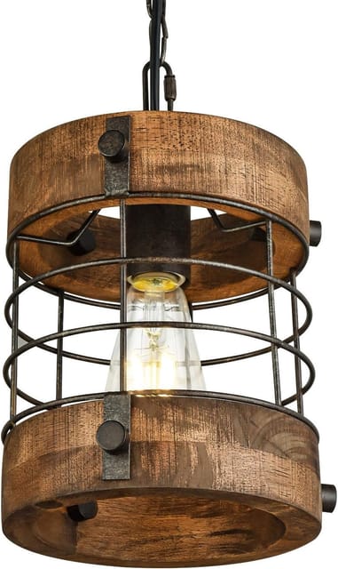 Wochos Metal and Wood Cage Pendant Light – Brown – Open Box