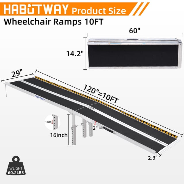 10ft Portable Wheelchair Ramp with Support Legs, Double Non-Skid Ramps Hold Up to 800Lbs