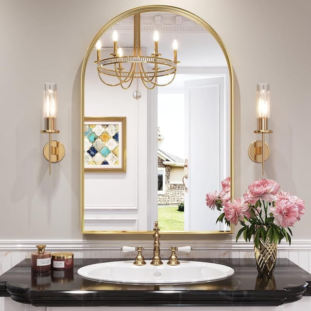 Brightify Arched Mirror, 28 x 40 Inch Gold Arch Mirror, Arched Wall Mirror Metal Frame Gold