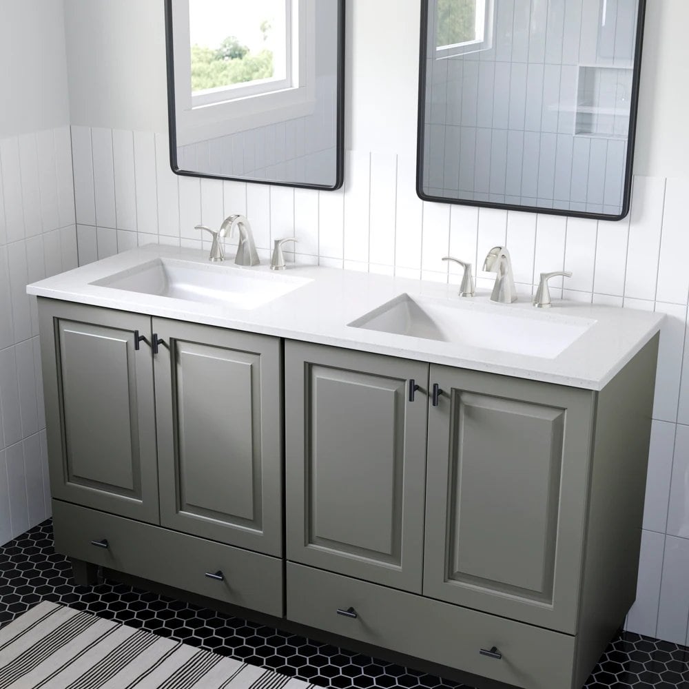 61" Style Sky Cultured Marble Double Sink Widespread Top Faucet Mount Bathroom Vanity – New