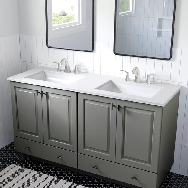 61" Style Sky Cultured Marble Double Sink Widespread Top Faucet Mount Bathroom Vanity – New