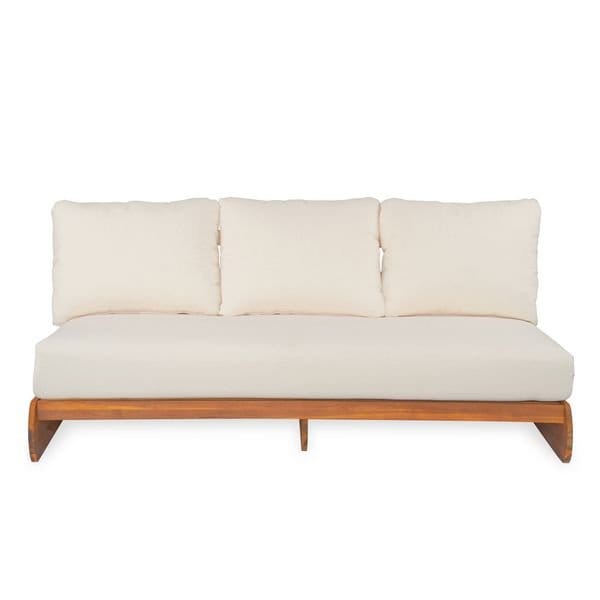 Acacia Wood Three-Seat Outdoor Sofa with Beige Cushions – New
